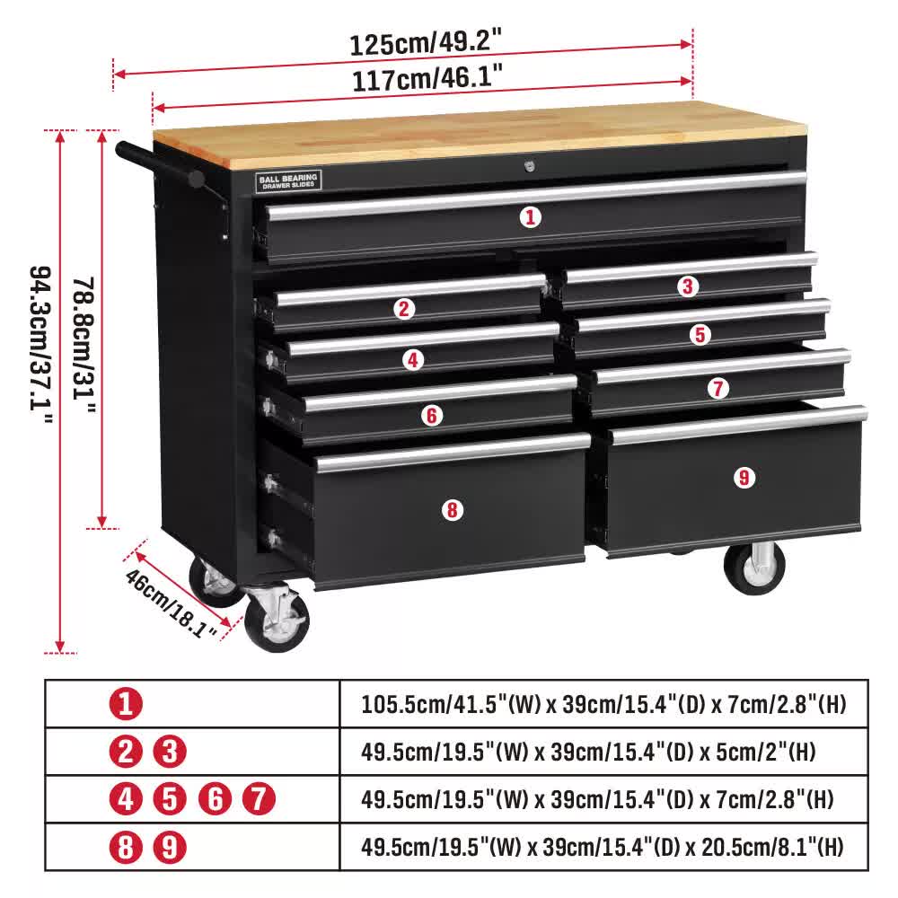 HORUSDY 9-Drawer Tool Box Chest Cabinet | Trolley Box for Garage Storage | Black