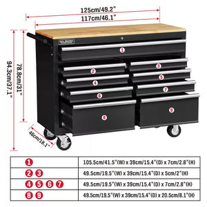 HORUSDY 9-Drawer Tool Box Chest Cabinet | Trolley Box for Garage Storage | Black