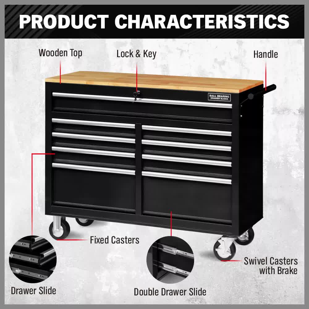 HORUSDY 9-Drawer Tool Box Chest Cabinet | Trolley Box for Garage Storage | Black