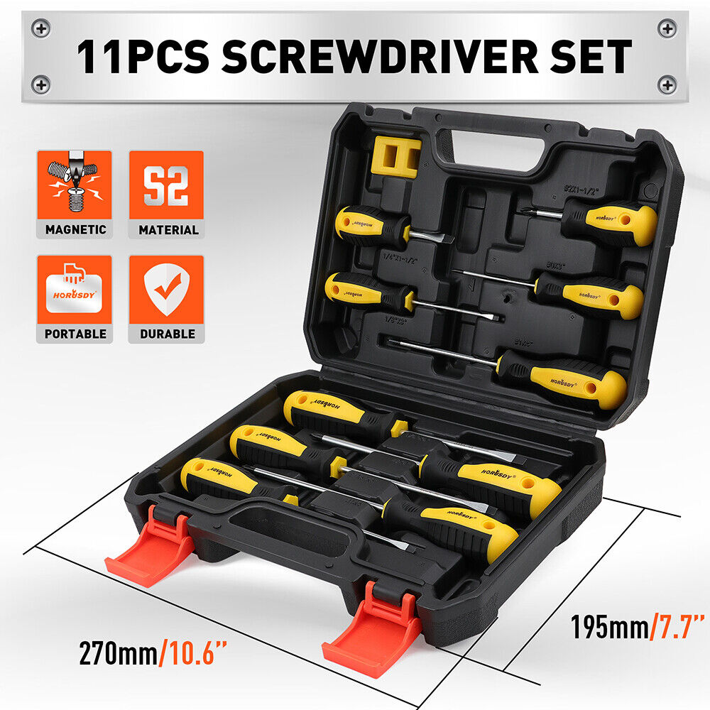 Magnetic Screwdriver Set | 11-Piece | Flat Head | Magnetizer & Demagnetizer | Storage Case Included