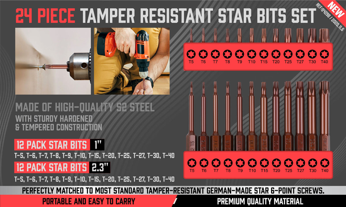Torx Bit Set | 24-Piece | Star Head Screwdriver Bit | Long Security Tamper-Proof T5-T40