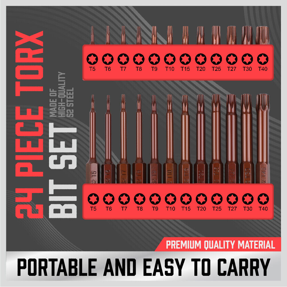 Torx Bit Set | 24-Piece | Star Head Screwdriver Bit | Long Security Tamper-Proof T5-T40