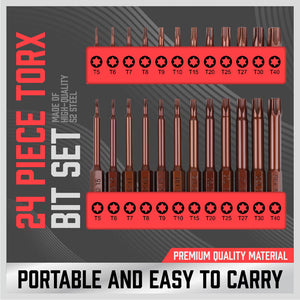 Torx Bit Set | 24-Piece | Star Head Screwdriver Bit | Long Security Tamper-Proof T5-T40