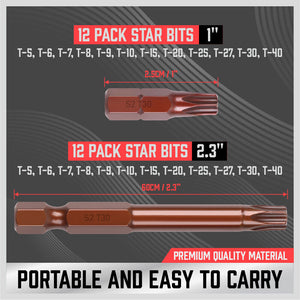 Torx Bit Set | 24-Piece | Star Head Screwdriver Bit | Long Security Tamper-Proof T5-T40