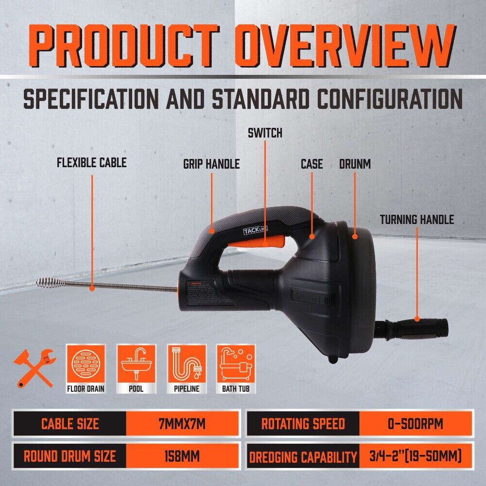 Drain Auger Cleaner | Pipe Unblocker | Sewage Plumbing Tool for Drain Cleaning