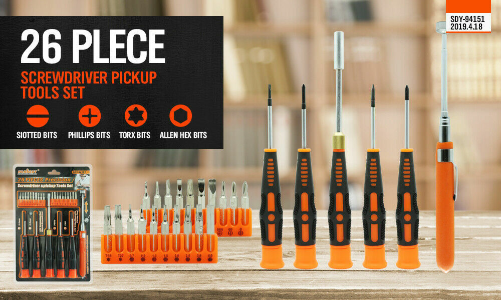 Precision Screwdriver Set | 26-Piece | Magnetic Pickup | Hex Torx Phillips Flat Bits | DIY Repair Kit
