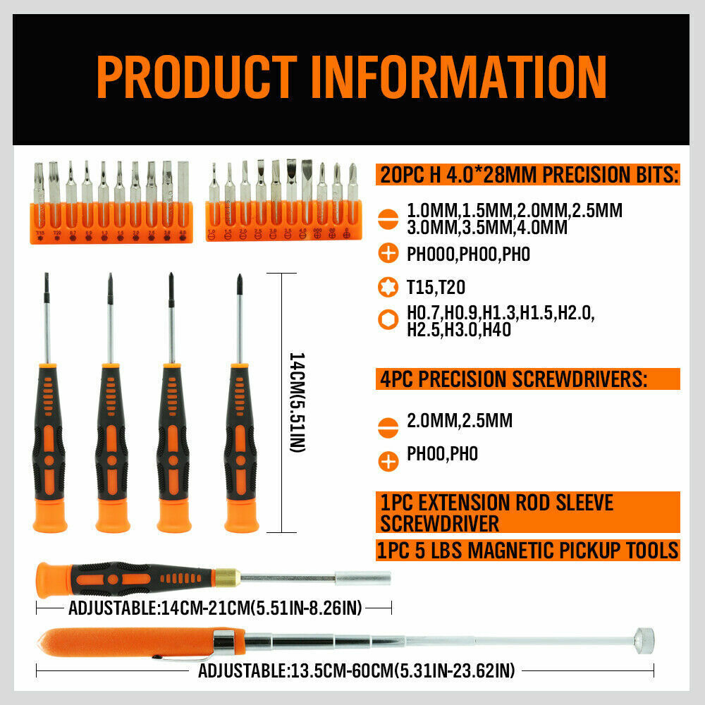 Precision Screwdriver Set | 26-Piece | Magnetic Pickup | Hex Torx Phillips Flat Bits | DIY Repair Kit