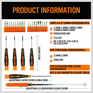 Precision Screwdriver Set | 26-Piece | Magnetic Pickup | Hex Torx Phillips Flat Bits | DIY Repair Kit