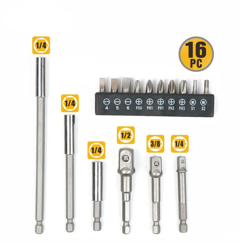 Socket Bit Adaptor Set | 16-Piece | Power Drill Nut Driver Extension | Screwdriver Bits