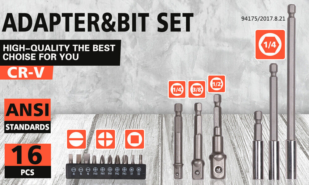 Socket Bit Adaptor Set | 16-Piece | Power Drill Nut Driver Extension | Screwdriver Bits