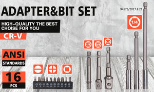 Socket Bit Adaptor Set | 16-Piece | Power Drill Nut Driver Extension | Screwdriver Bits