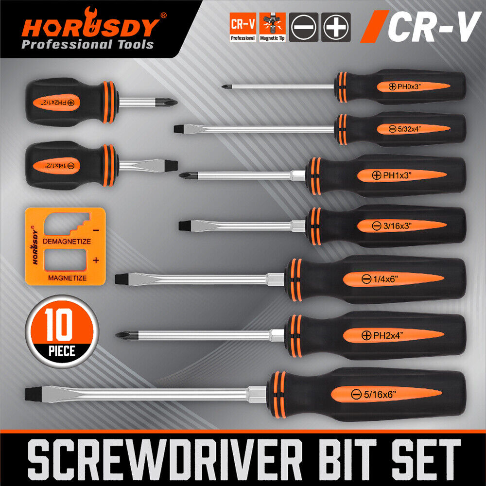 HORUSDY Magnetic Screwdriver Set | 10-Piece | Phillips & Slotted | Magnetizer Holder | AU Stock