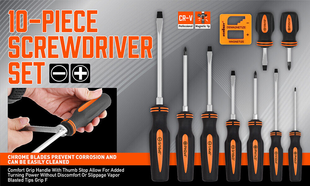 HORUSDY Magnetic Screwdriver Set | 10-Piece | Phillips & Slotted | Magnetizer Holder | AU Stock