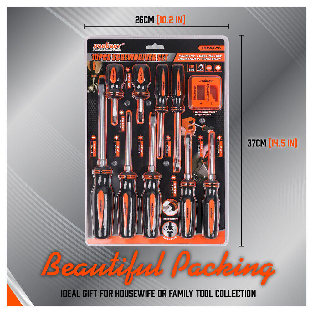 Magnetic Screwdriver Set | 10-Piece | Phillips & Slotted | Magnetizer | Non-Slip Handle | Hand Tool