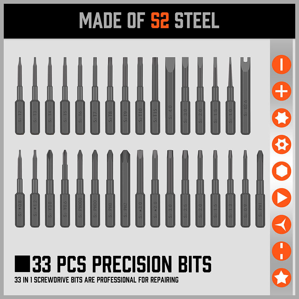Precision Screwdriver Set | 33-Piece | Bits Phillips Flat Slotted Torx Hex | Electronic Repair Kit