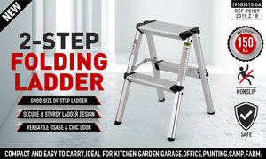 Portable Folding Ladder | 2-Step Aluminum | Lightweight Home Ladder | Anti-Slip | 150KG Capacity
