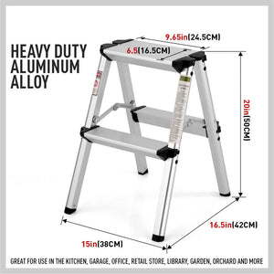 Portable Folding Ladder | 2-Step Aluminum | Lightweight Home Ladder | Anti-Slip | 150KG Capacity