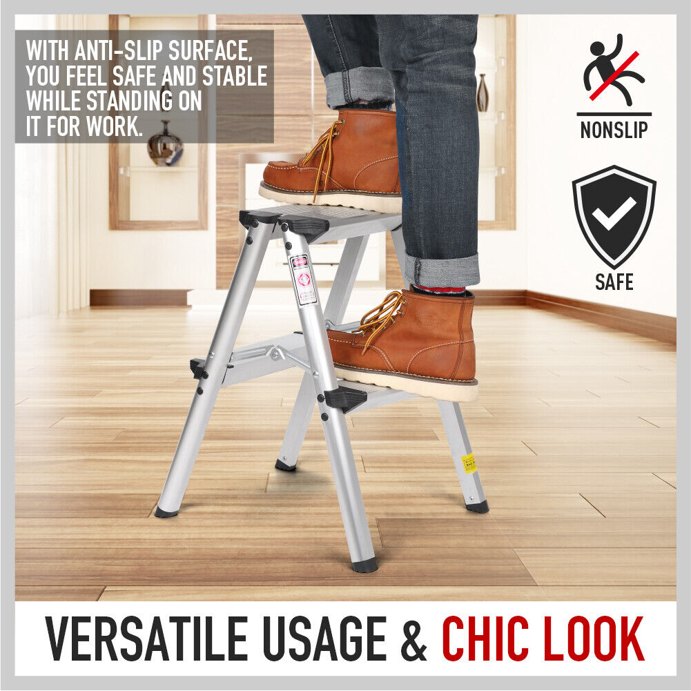 Portable Folding Ladder | 2-Step Aluminum | Lightweight Home Ladder | Anti-Slip | 150KG Capacity