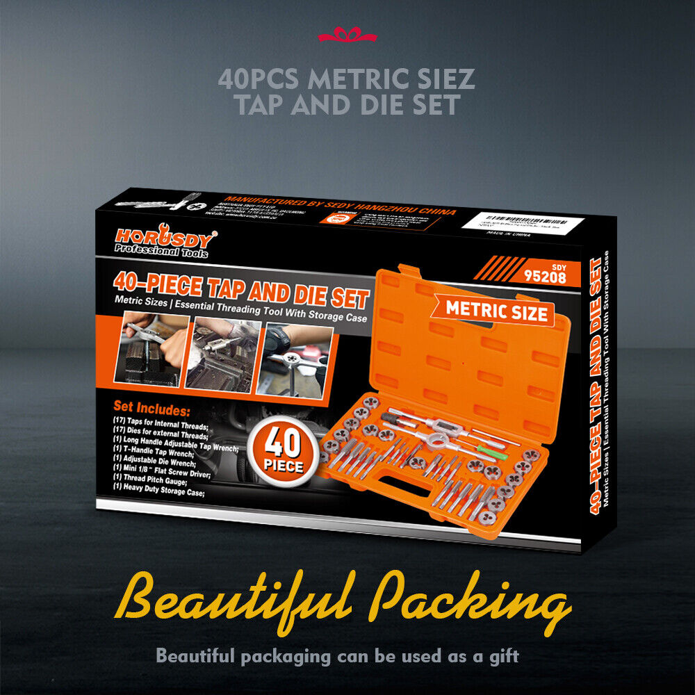 40-Piece Tap and Die Set | Metric Size Screw Thread Drill with Pitch Gauge