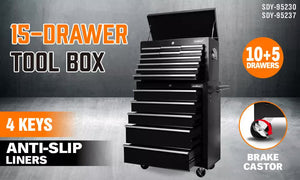 Black 15-Drawer Tool Box Trolley | Storage Cabinet Cart | Garage Organizer