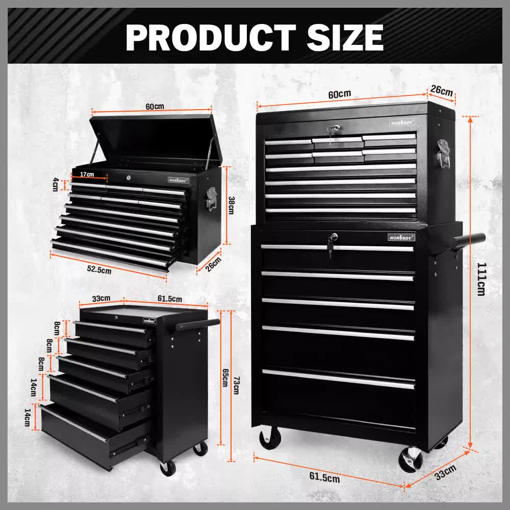 Black 15-Drawer Tool Box Trolley | Storage Cabinet Cart | Garage Organizer