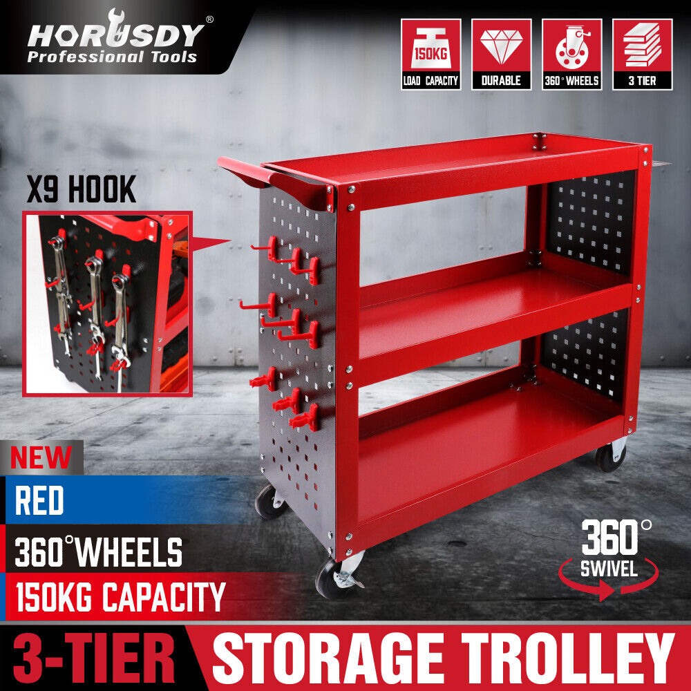 Red 3-Tier Tool Cart Storage Trolley | Toolbox | Workshop Garage Organiser | 150kg | Red