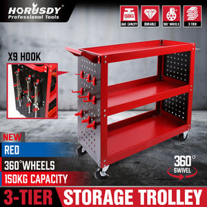 Red 3-Tier Tool Cart Storage Trolley | Toolbox | Workshop Garage Organiser | 150kg | Red