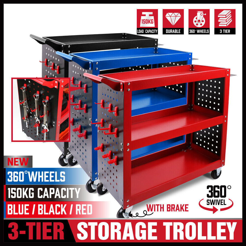 Red 3-Tier Tool Cart Storage Trolley | Toolbox | Workshop Garage Organiser | 150kg | Red