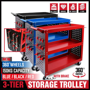 Red 3-Tier Tool Cart Storage Trolley | Toolbox | Workshop Garage Organiser | 150kg | Red