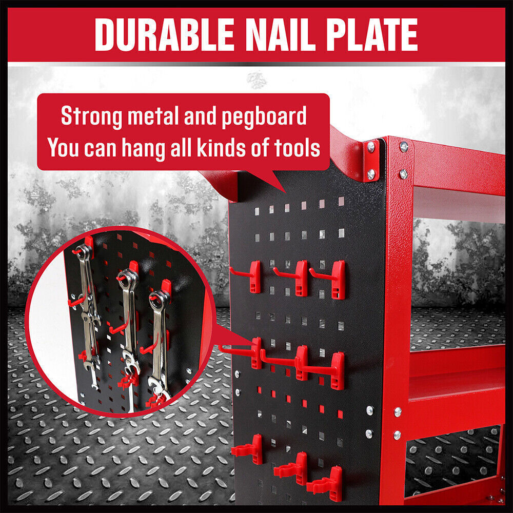 Red 3-Tier Tool Cart Storage Trolley | Toolbox | Workshop Garage Organiser | 150kg | Red