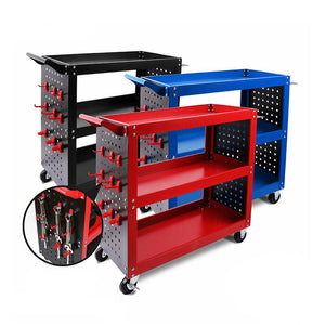 Heavy Duty Steel Tool Trolley | 3-Tier Workshop Cart | Pegboard, Hooks & Locking Swivel Casters