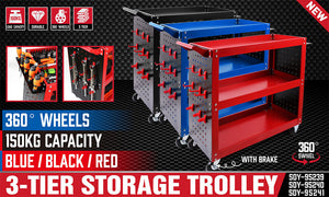 Heavy Duty Steel Tool Trolley | 3-Tier Workshop Cart | Pegboard, Hooks & Locking Swivel Casters