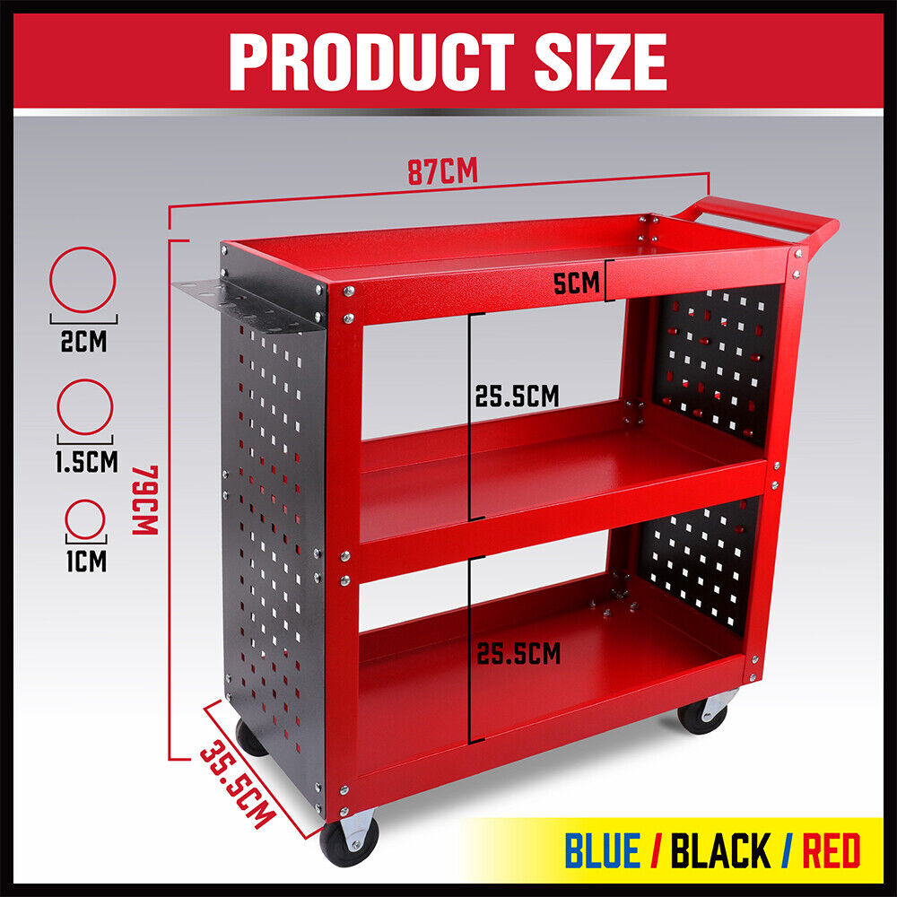 Heavy Duty Steel Tool Trolley | 3-Tier Workshop Cart | Pegboard, Hooks & Locking Swivel Casters