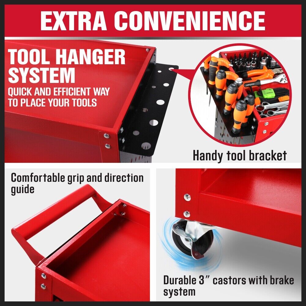 Heavy Duty Steel Tool Trolley | 3-Tier Workshop Cart | Pegboard, Hooks & Locking Swivel Casters