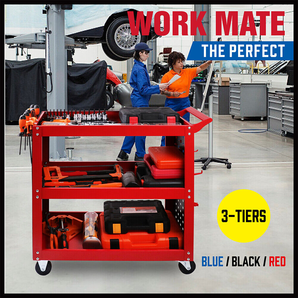 Heavy Duty Steel Tool Trolley | 3-Tier Workshop Cart | Pegboard, Hooks & Locking Swivel Casters