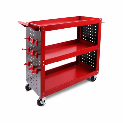 Heavy Duty Steel Tool Trolley | 3-Tier Workshop Cart | Pegboard, Hooks & Locking Swivel Casters