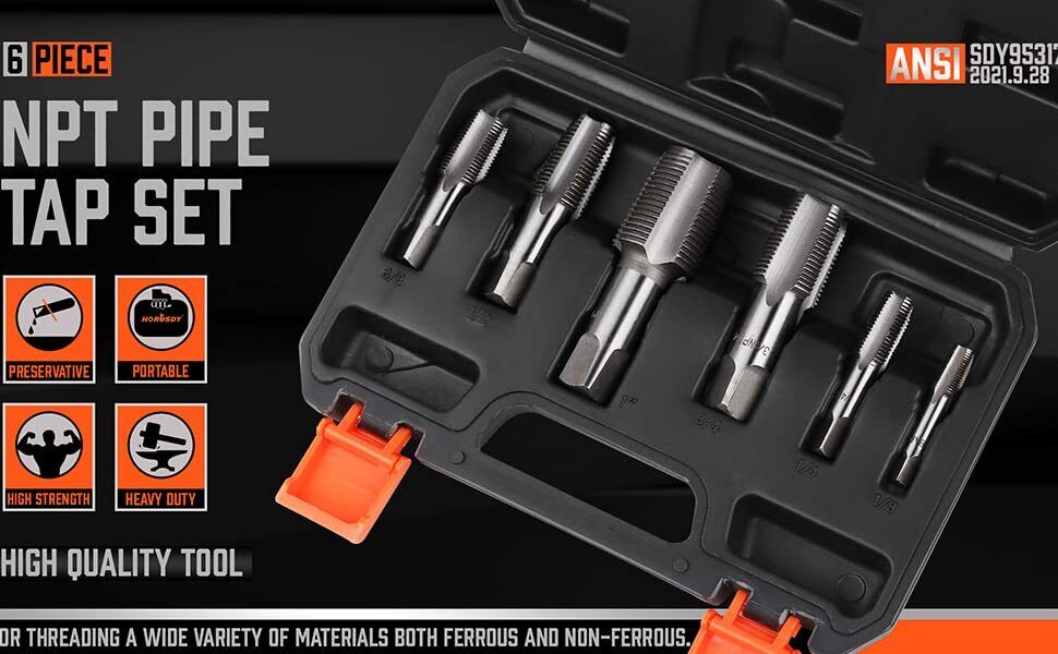HORUSDY NPT Pipe Tap Set | 6-Piece | Thread Tap Screw Tool | 1/8" to 1" Sizes