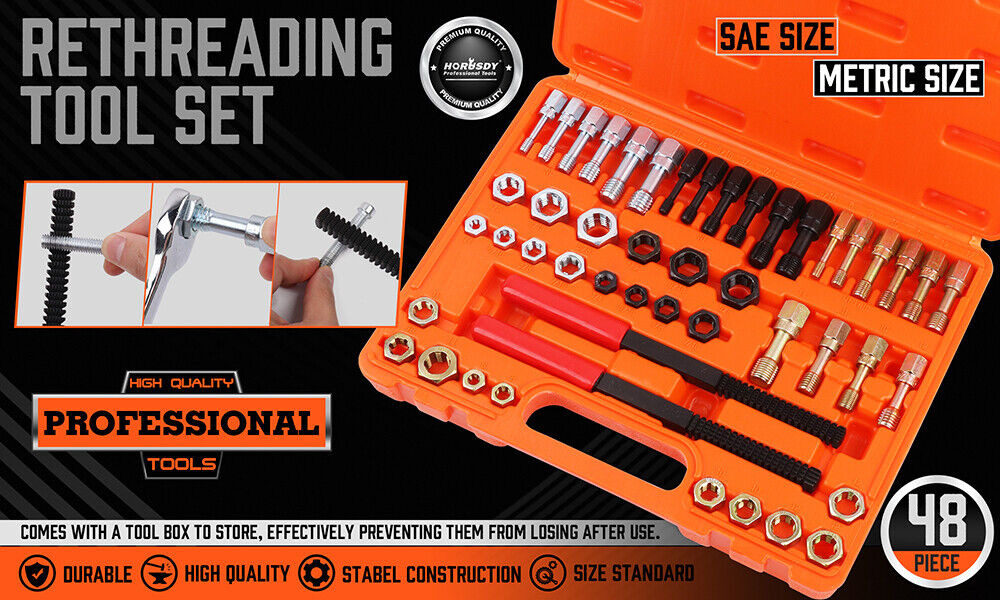 48-Piece SAE & Metric Thread Restorer Kit | Fractional Metric Thread Repair Tool