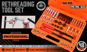 48-Piece SAE & Metric Thread Restorer Kit | Fractional Metric Thread Repair Tool