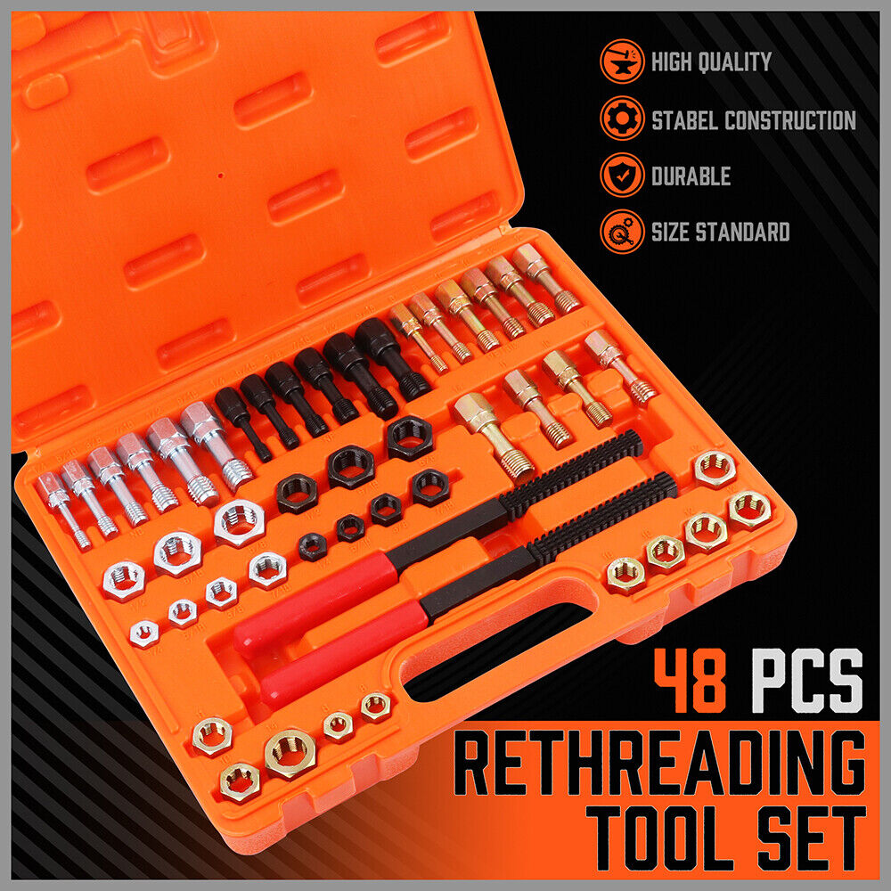 48-Piece SAE & Metric Thread Restorer Kit | Fractional Metric Thread Repair Tool