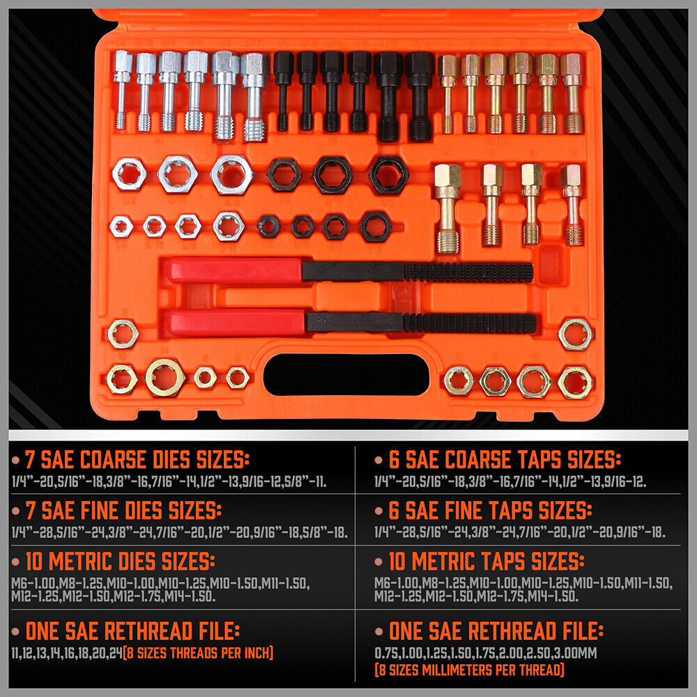 48-Piece SAE & Metric Thread Restorer Kit | Fractional Metric Thread Repair Tool
