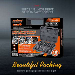 Deep Impact Socket Set | 18-Piece | Imperial SAE | 1/2" Drive Flexible Adaptor & Extension