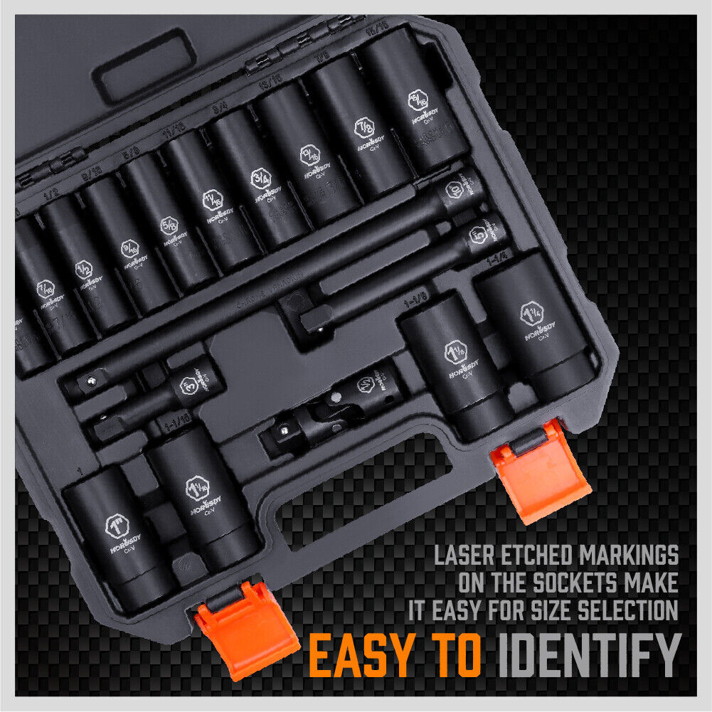 Deep Impact Socket Set | 18-Piece | Imperial SAE | 1/2" Drive Flexible Adaptor & Extension