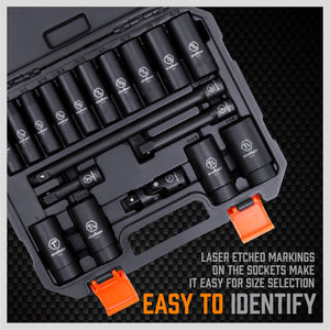 Deep Impact Socket Set | 18-Piece | Imperial SAE | 1/2" Drive Flexible Adaptor & Extension