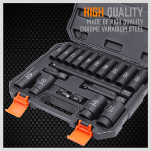 Deep Impact Socket Set | 18-Piece | Imperial SAE | 1/2" Drive Flexible Adaptor & Extension