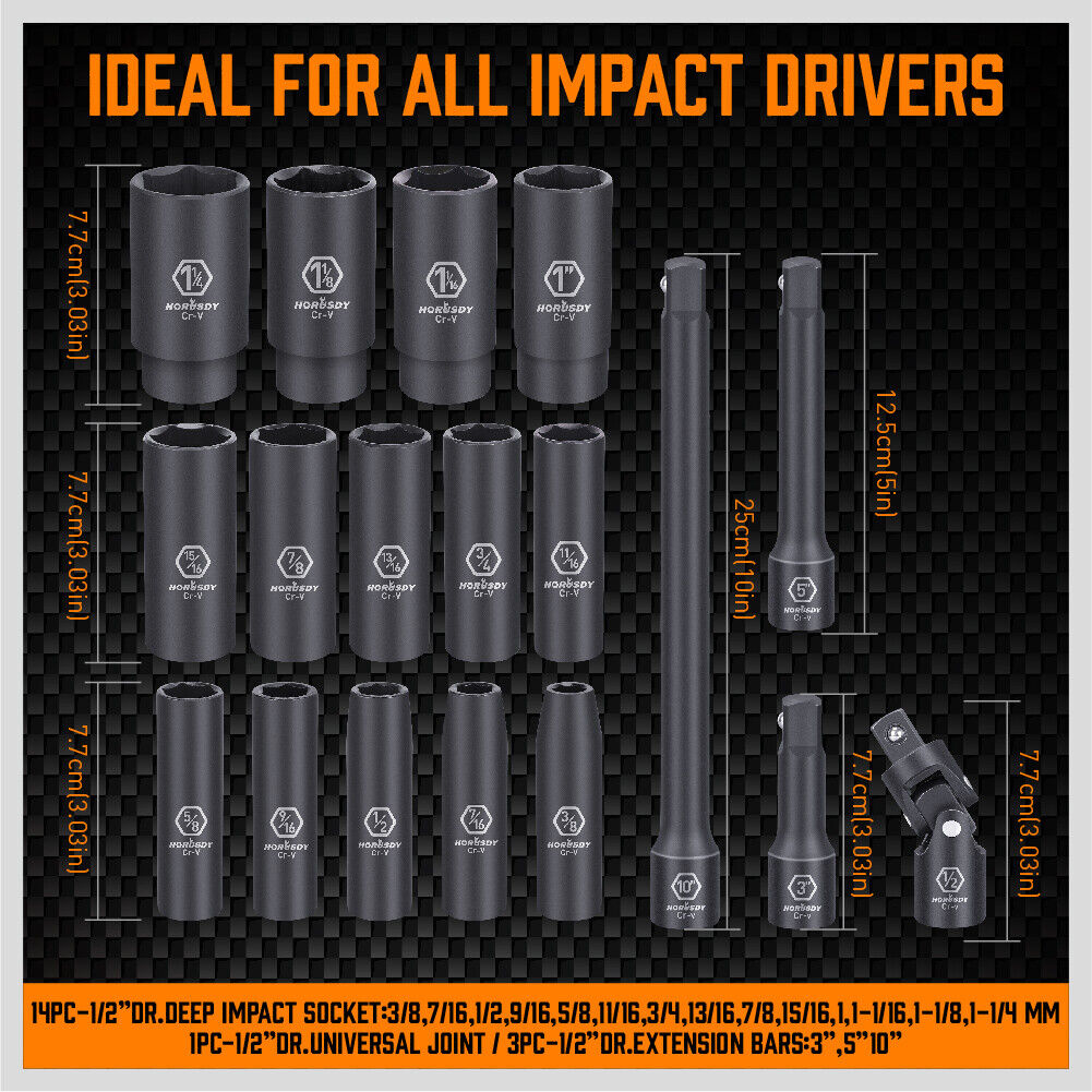 Deep Impact Socket Set | 18-Piece | Imperial SAE | 1/2" Drive Flexible Adaptor & Extension