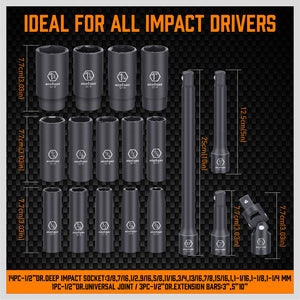 Deep Impact Socket Set | 18-Piece | Imperial SAE | 1/2" Drive Flexible Adaptor & Extension