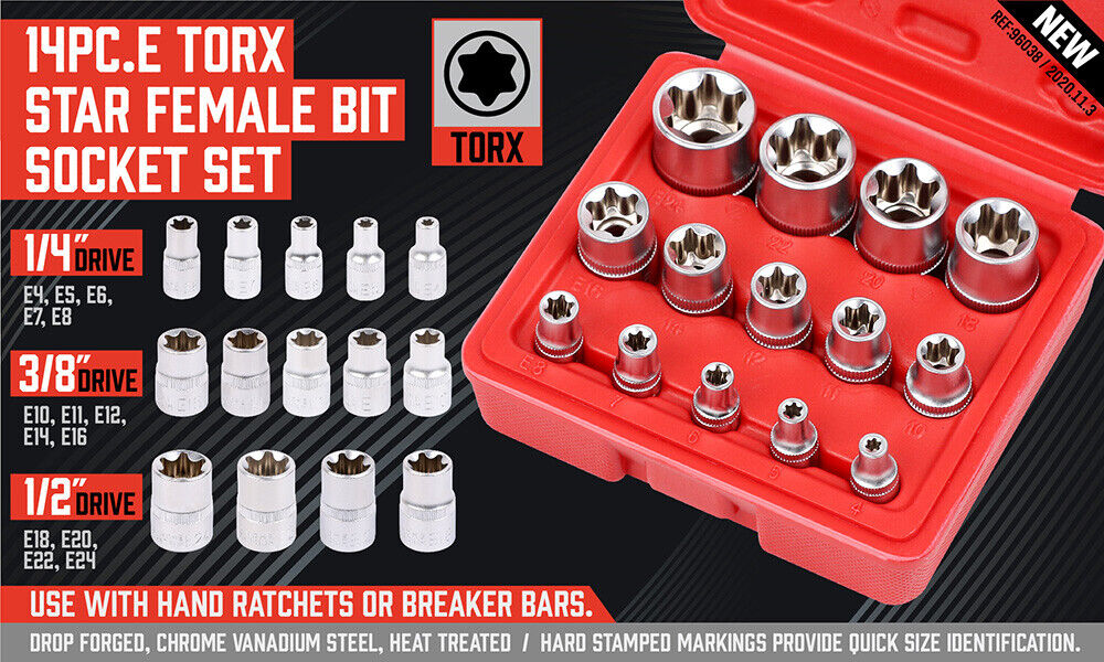 E-Torx Socket Set | 14-Piece | Female Star External Hex Torque E4-E24 | Storage Case