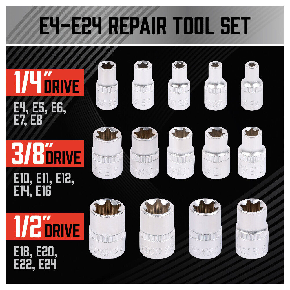 E-Torx Socket Set | 14-Piece | Female Star External Hex Torque E4-E24 | Storage Case