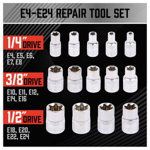 E-Torx Socket Set | 14-Piece | Female Star External Hex Torque E4-E24 | Storage Case